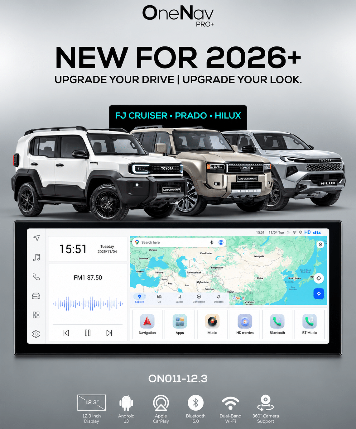OneNav Pro+ Infotainment System – Toyota Hilux / FJ Cruiser / Prado – 12.3″